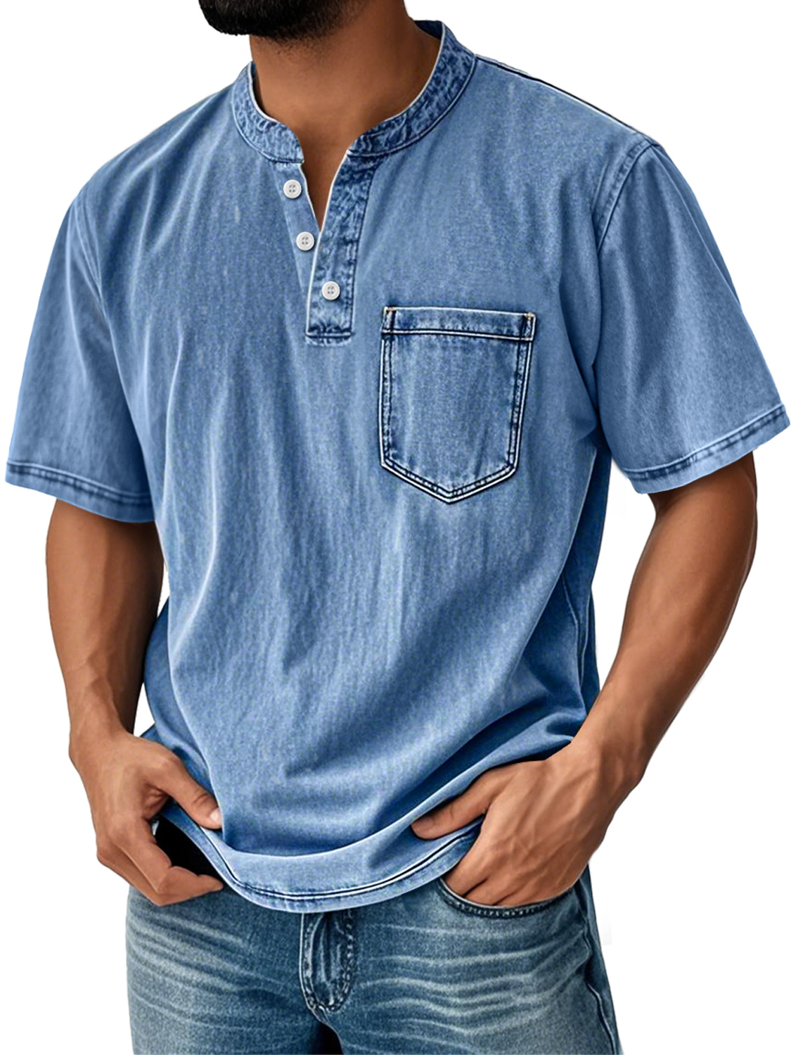 Men's Casual Solid Color Vintage Loose Pocket Short Sleeve Button-down Henley Shirt