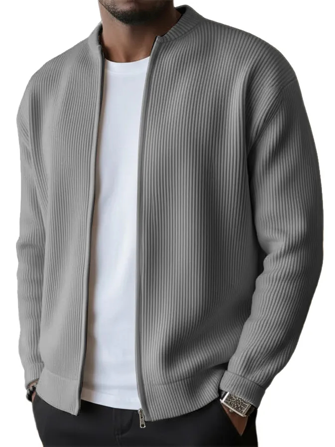 Black Friday Early Bird Sale 💥Men's Simple Casual Ribbed Stand Collar Zipper Long Sleeved Jacket