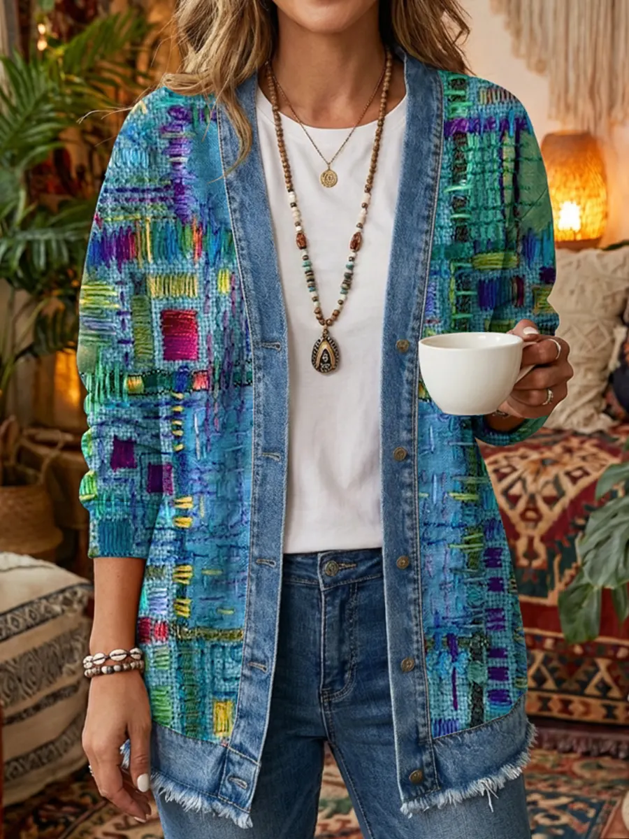 Ethnicity Geometry Texture Women's Art Print Casual Long Sleeve Shirt Coat