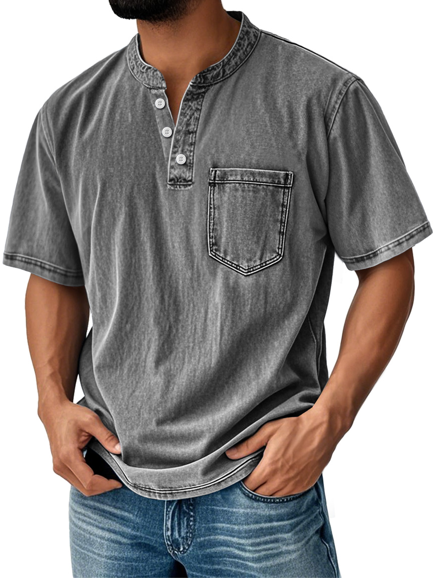 Men's Casual Solid Color Vintage Loose Pocket Short Sleeve Button-down Henley Shirt