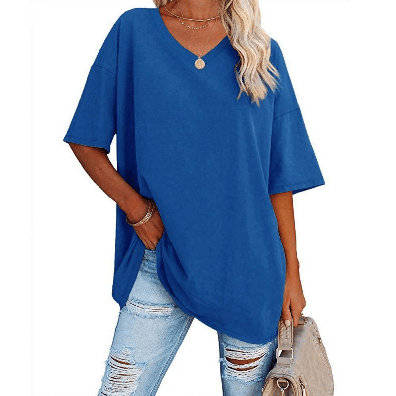 Plus Size V‑Neck Oversized Tunic Tee, Soft Stretch Cotton Blend Casual Shirt