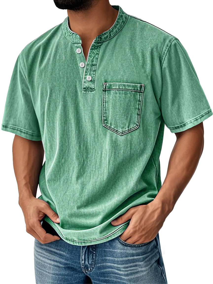 Men's Casual Solid Color Vintage Loose Pocket Short Sleeve Button-down Henley Shirt