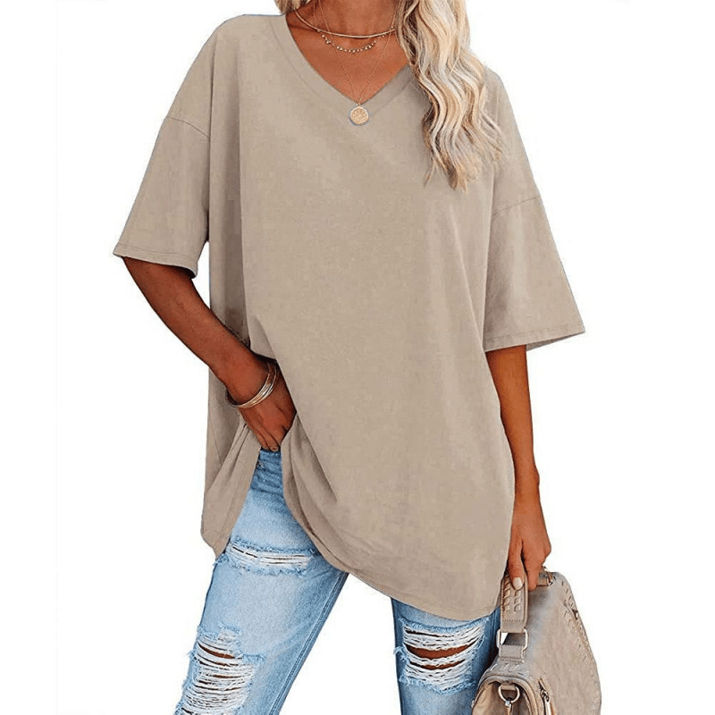 Plus Size V‑Neck Oversized Tunic Tee, Soft Stretch Cotton Blend Casual Shirt
