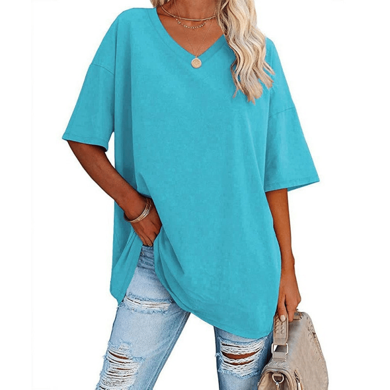 Plus Size V‑Neck Oversized Tunic Tee, Soft Stretch Cotton Blend Casual Shirt