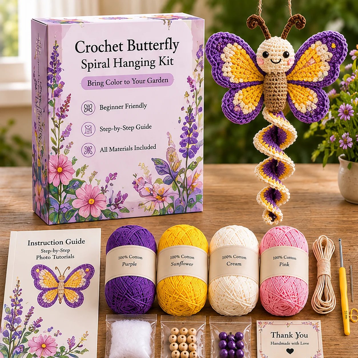 🦋🧶Crochet Spiral Hanging Decoration Kit – DIY Animal Garden Decoration for Beginners 🍃