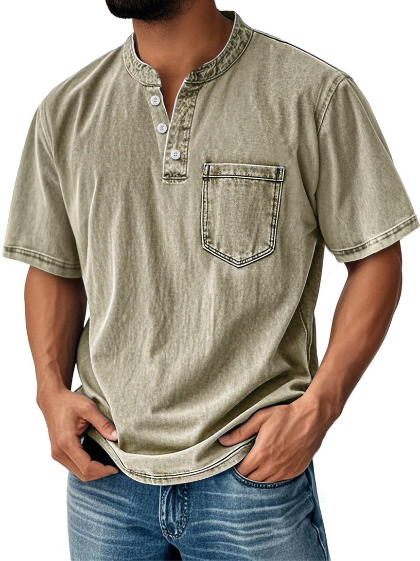 Men's Casual Solid Color Vintage Loose Pocket Short Sleeve Button-down Henley Shirt