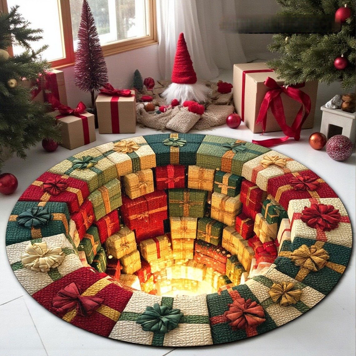 🎄3D Optical Illusion Vortex Quilted Round Christmas Rug