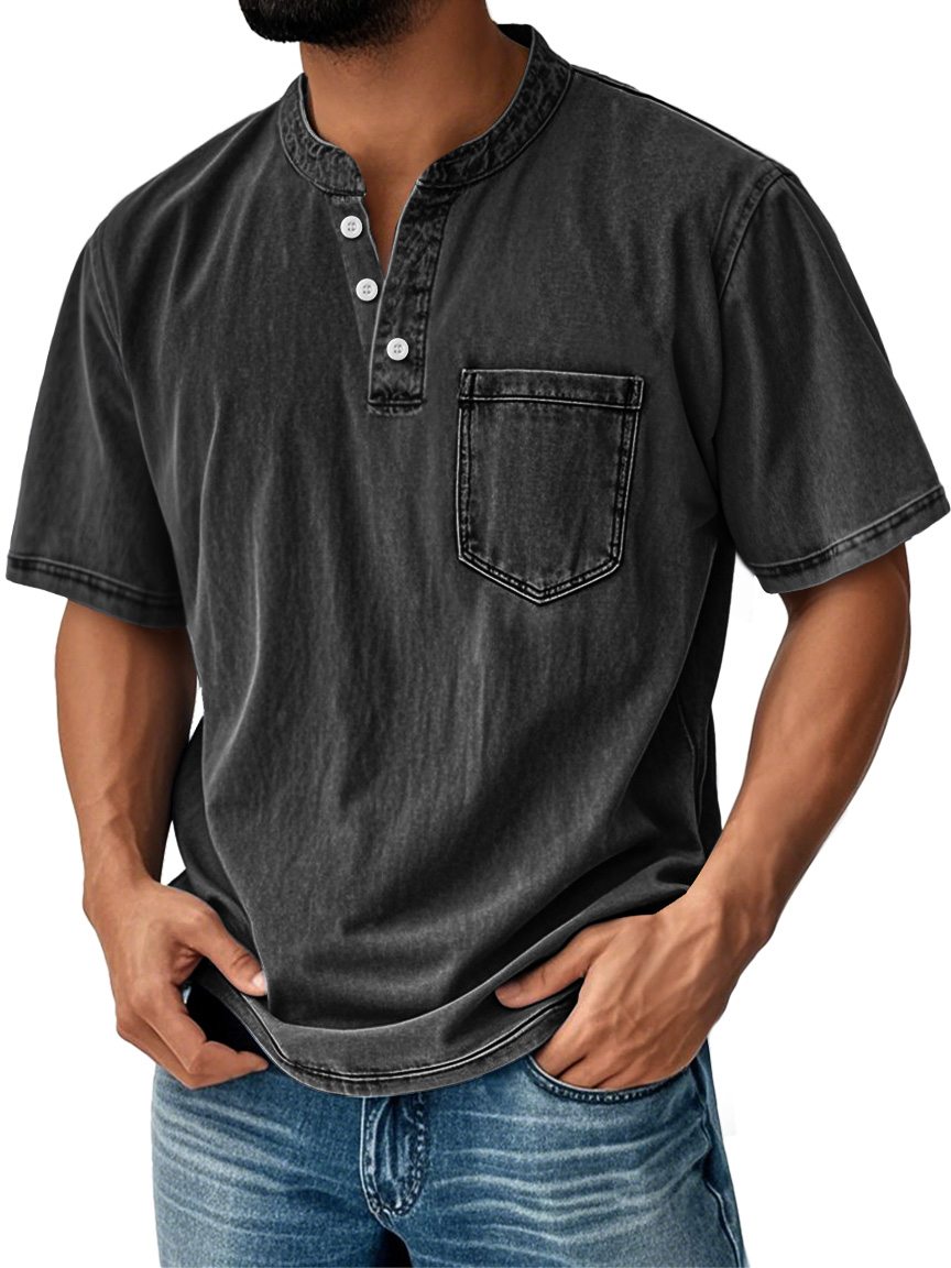 Men's Casual Solid Color Vintage Loose Pocket Short Sleeve Button-down Henley Shirt