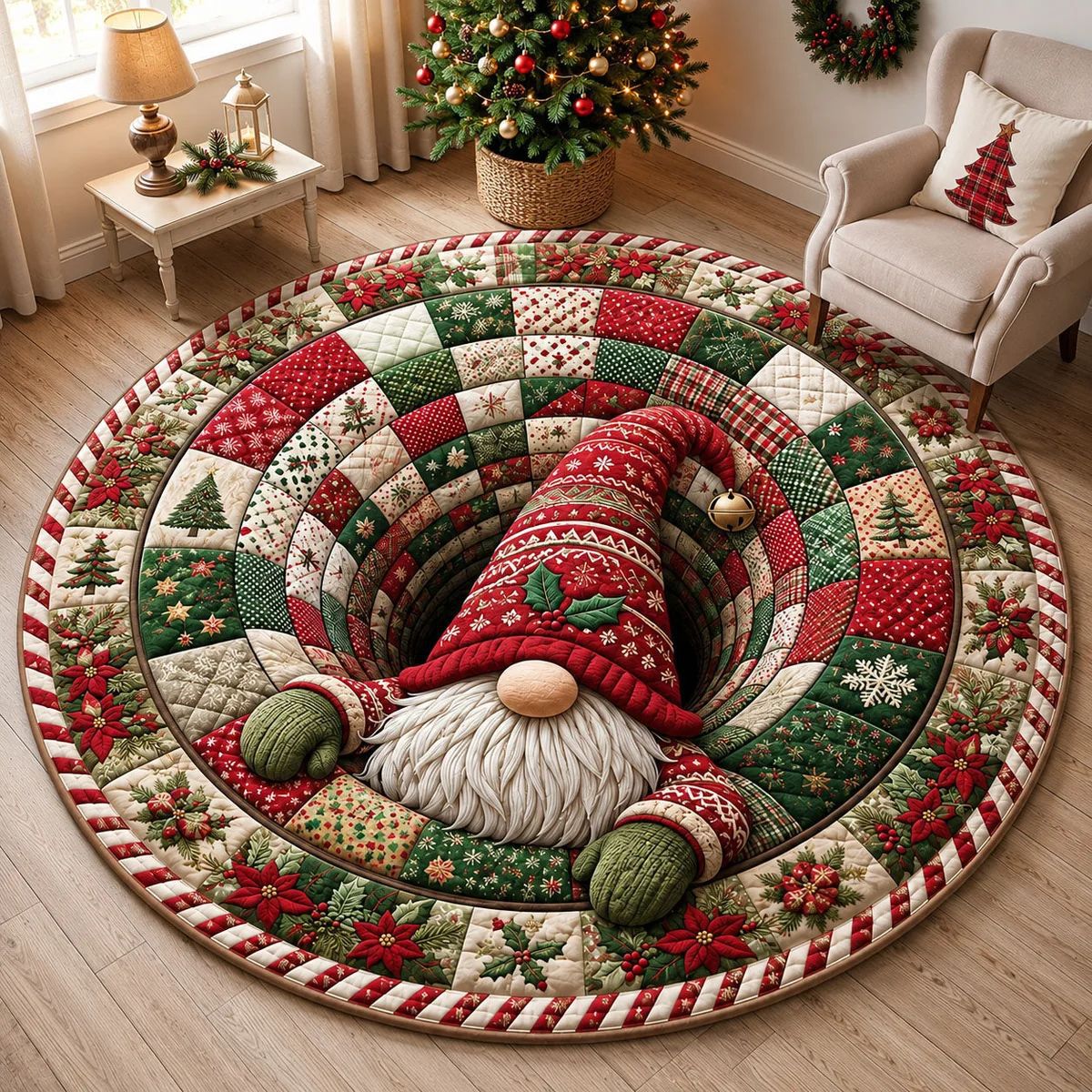 🎄3D Optical Illusion Vortex Quilted Round Christmas Rug
