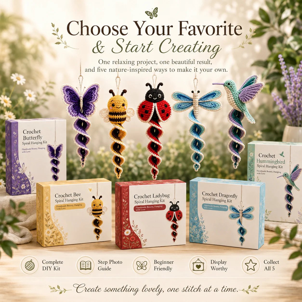 🦋🧶Crochet Spiral Hanging Decoration Kit – DIY Animal Garden Decoration for Beginners 🍃