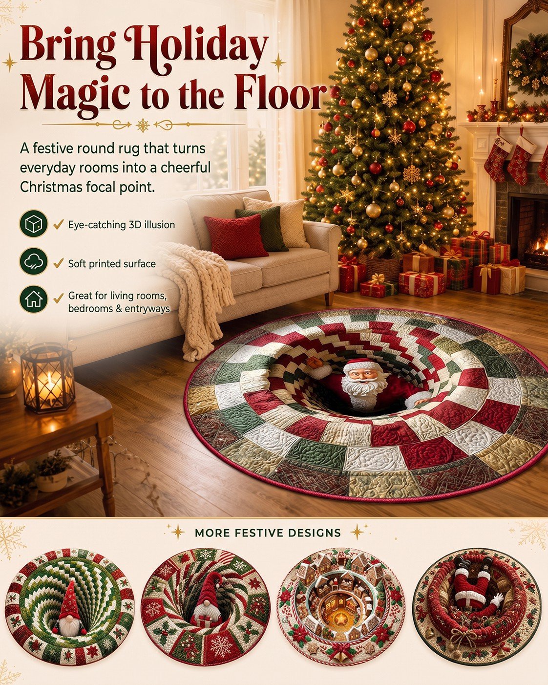 🎄3D Optical Illusion Vortex Quilted Round Christmas Rug