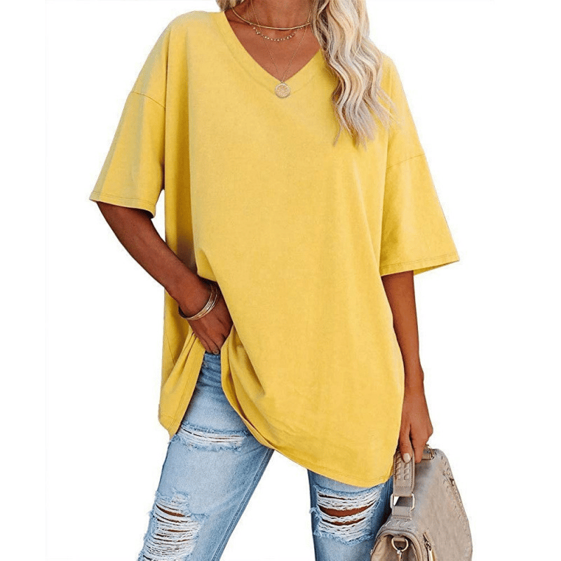 Plus Size V‑Neck Oversized Tunic Tee, Soft Stretch Cotton Blend Casual Shirt
