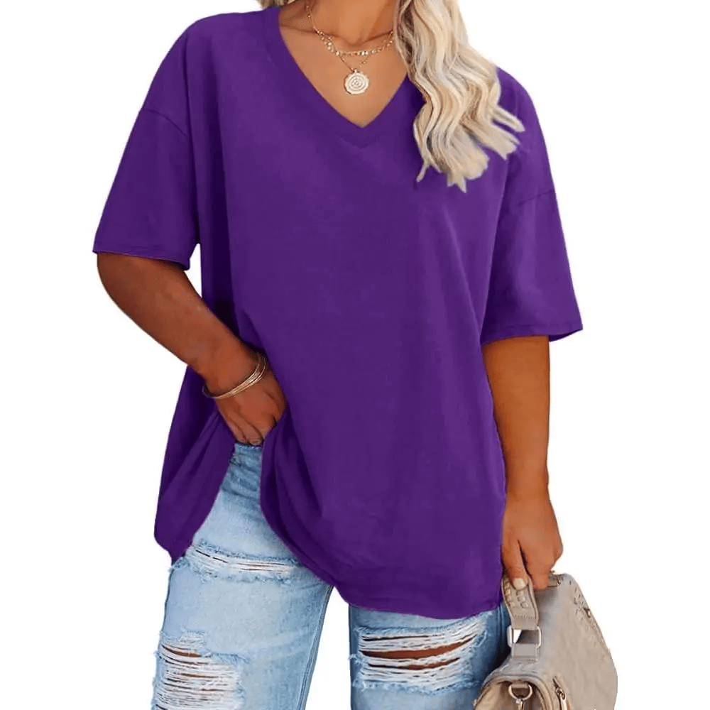 Plus Size V‑Neck Oversized Tunic Tee, Soft Stretch Cotton Blend Casual Shirt