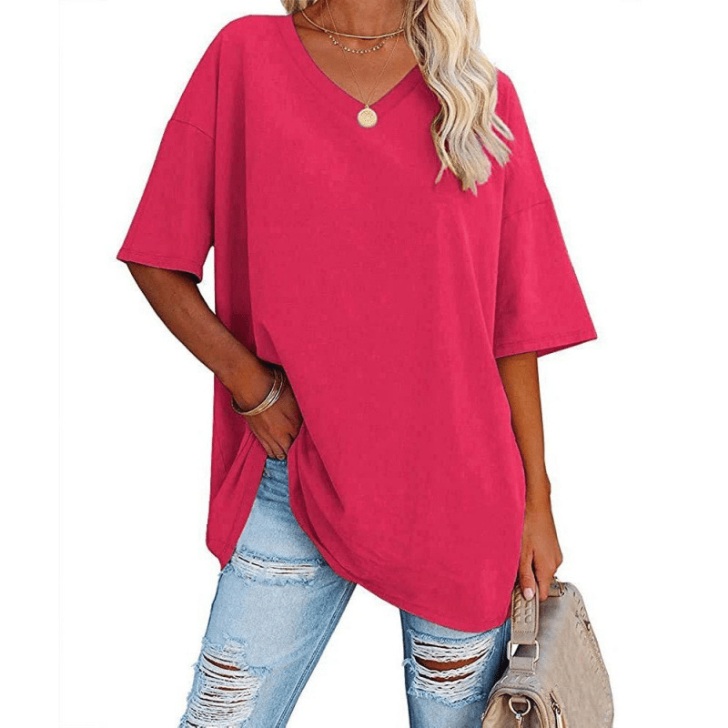 Plus Size V‑Neck Oversized Tunic Tee, Soft Stretch Cotton Blend Casual Shirt