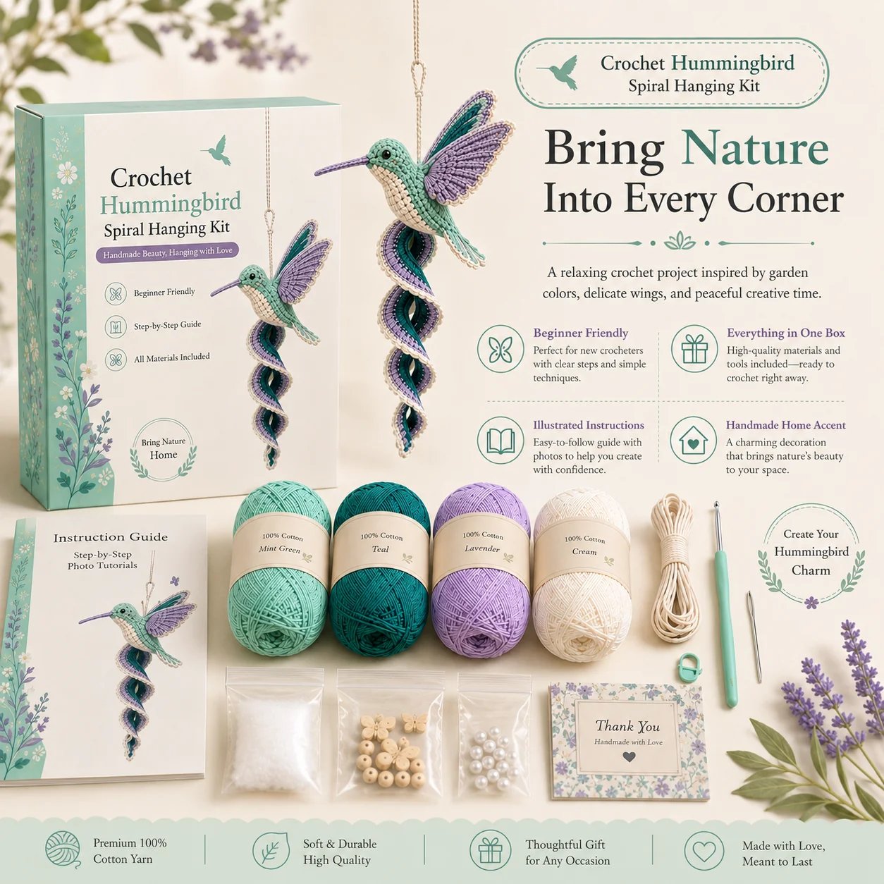 🦋🧶Crochet Spiral Hanging Decoration Kit – DIY Animal Garden Decoration for Beginners 🍃