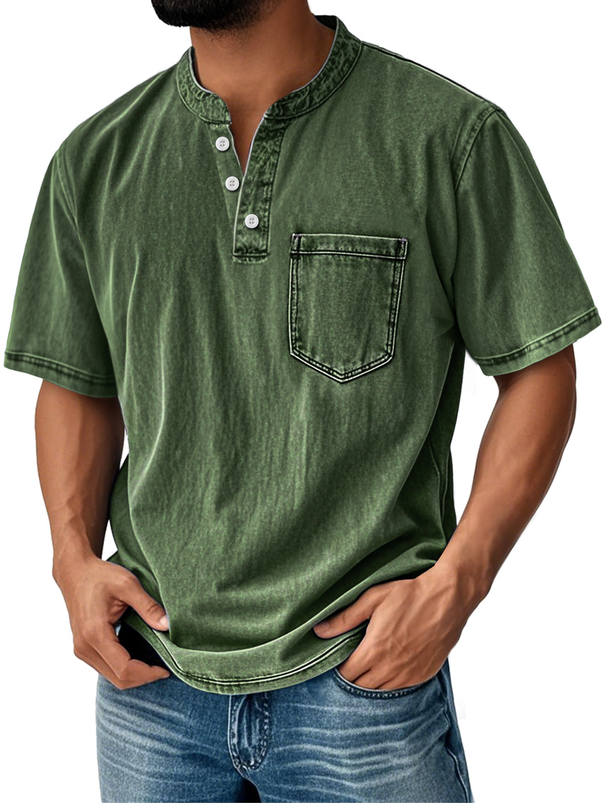 Men's Casual Solid Color Vintage Loose Pocket Short Sleeve Button-down Henley Shirt