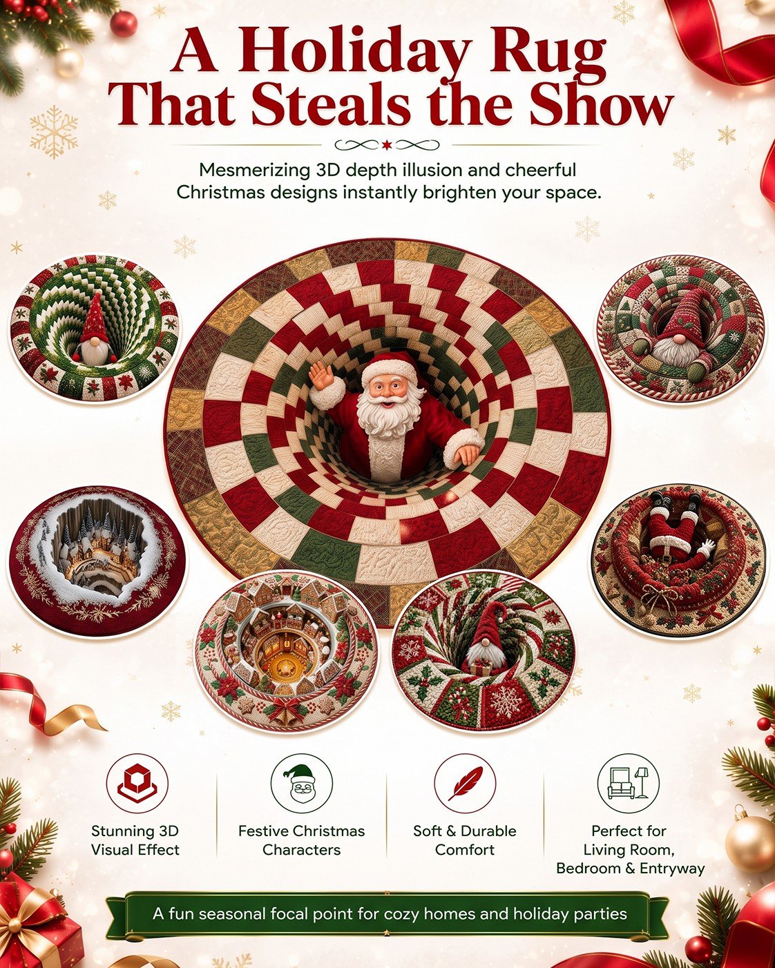 🎄3D Optical Illusion Vortex Quilted Round Christmas Rug