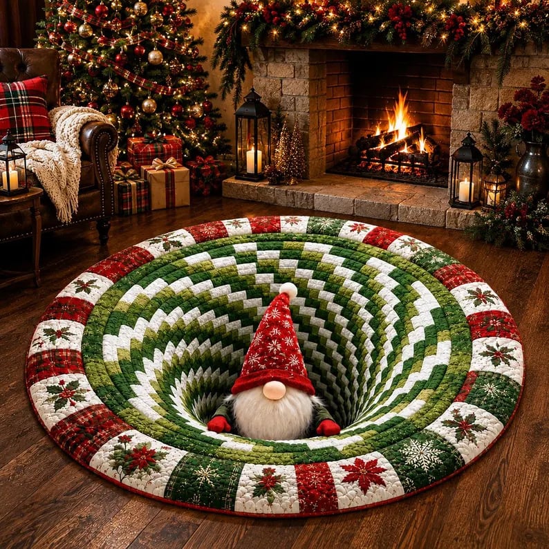 🎄3D Optical Illusion Vortex Quilted Round Christmas Rug