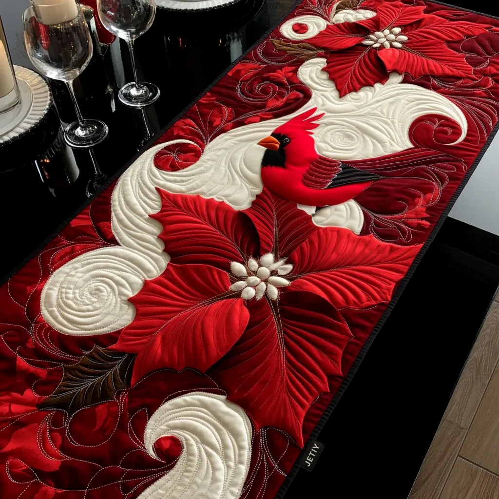 Swirling Cardinal Pattern Quilted Table Runner