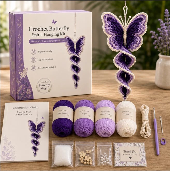 🦋🧶Crochet Spiral Hanging Decoration Kit – DIY Animal Garden Decoration for Beginners 🍃