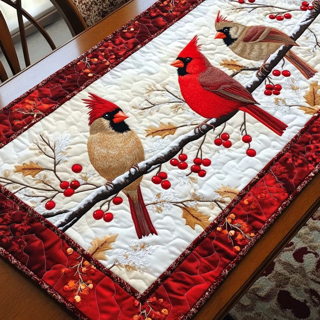Swirling Cardinal Pattern Quilted Table Runner
