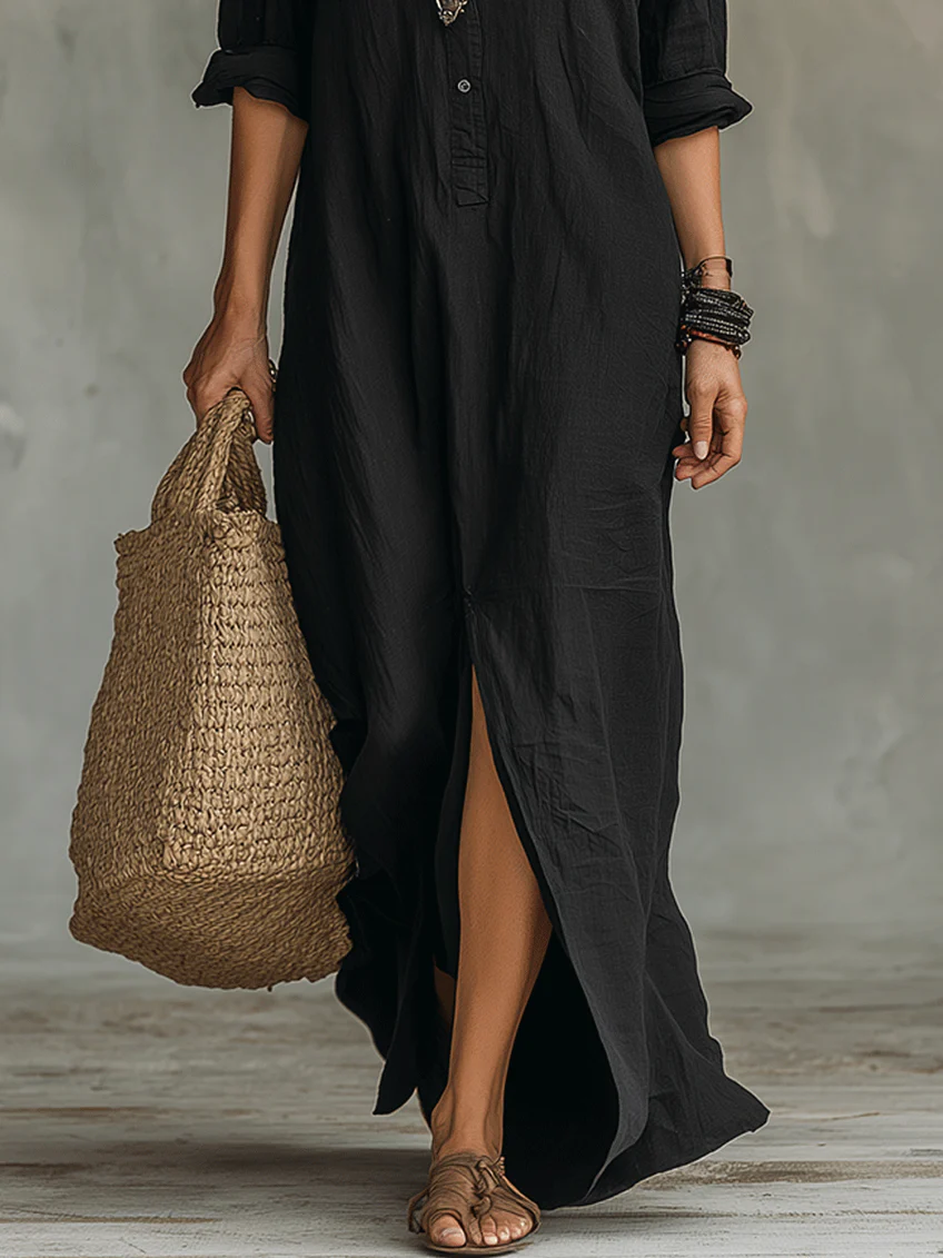 Women's Button Front Long Sleeve Maxi Shirt Dress