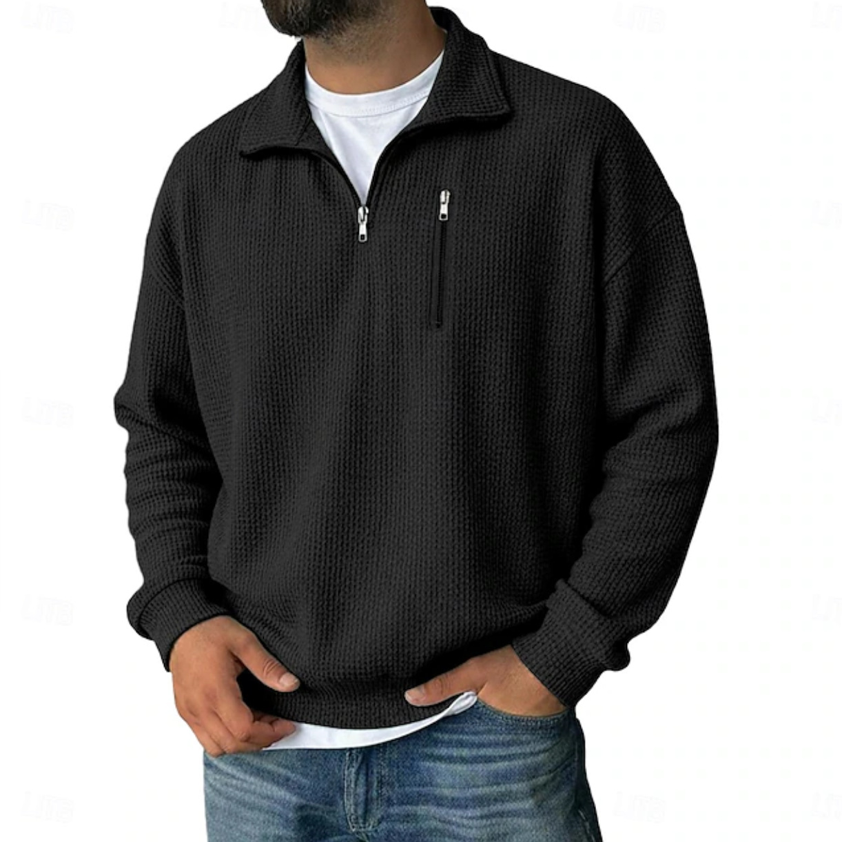 Men's Half-Zip Long-Sleeved Heavy Weight Striped Stand-Collar Loose-Fitting Sweatshirt