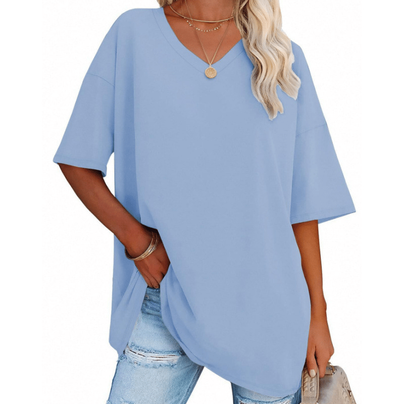 Plus Size V‑Neck Oversized Tunic Tee, Soft Stretch Cotton Blend Casual Shirt