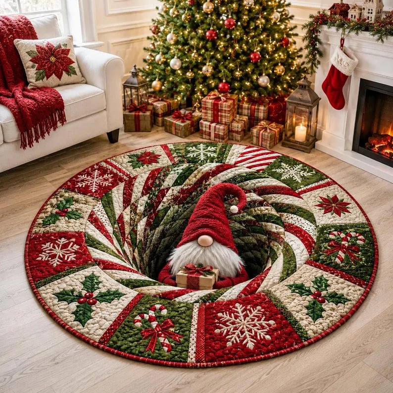 🎄3D Optical Illusion Vortex Quilted Round Christmas Rug