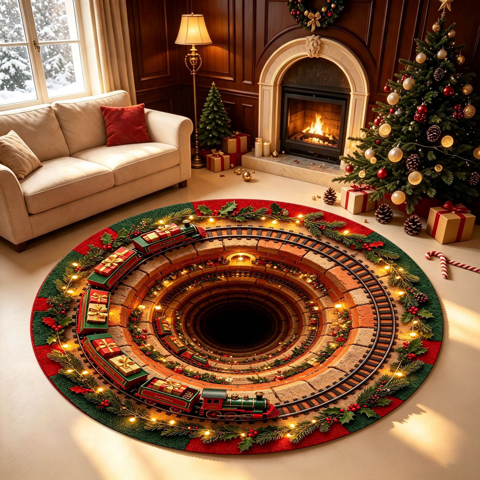 🎄3D Optical Illusion Vortex Quilted Round Christmas Rug