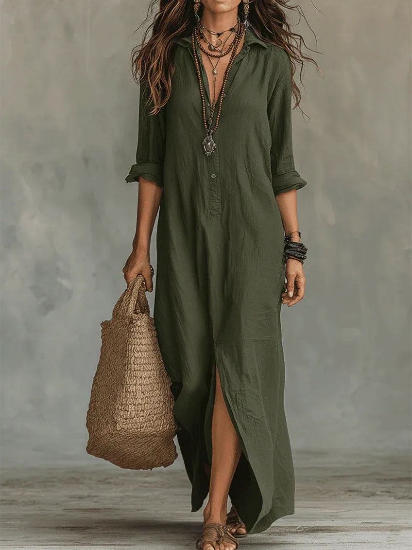 Women's Button Front Long Sleeve Maxi Shirt Dress