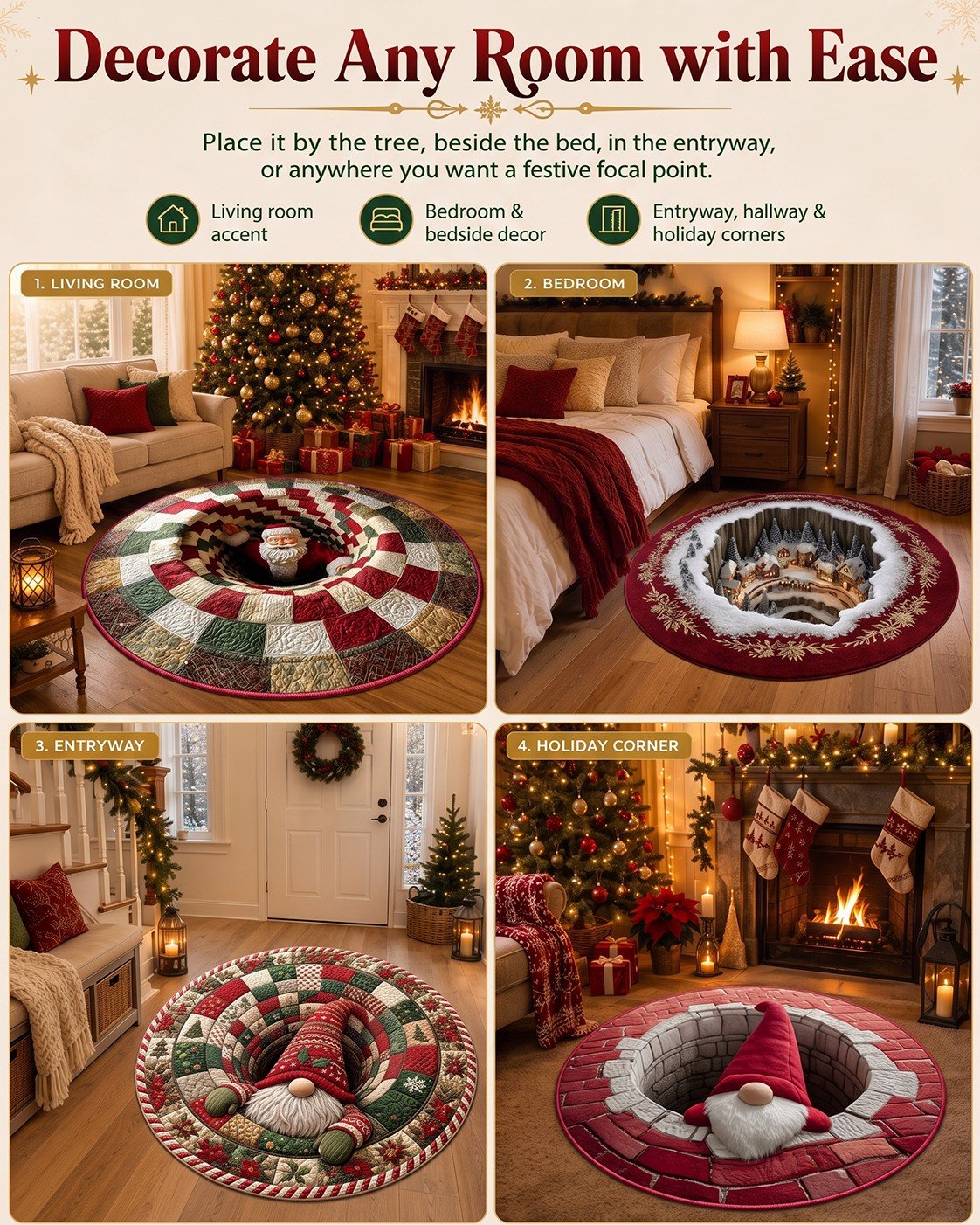 🎄3D Optical Illusion Vortex Quilted Round Christmas Rug