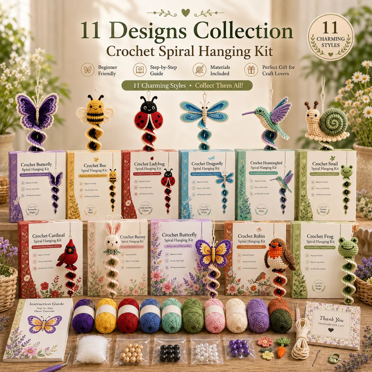 🦋🧶Crochet Spiral Hanging Decoration Kit – DIY Animal Garden Decoration for Beginners 🍃