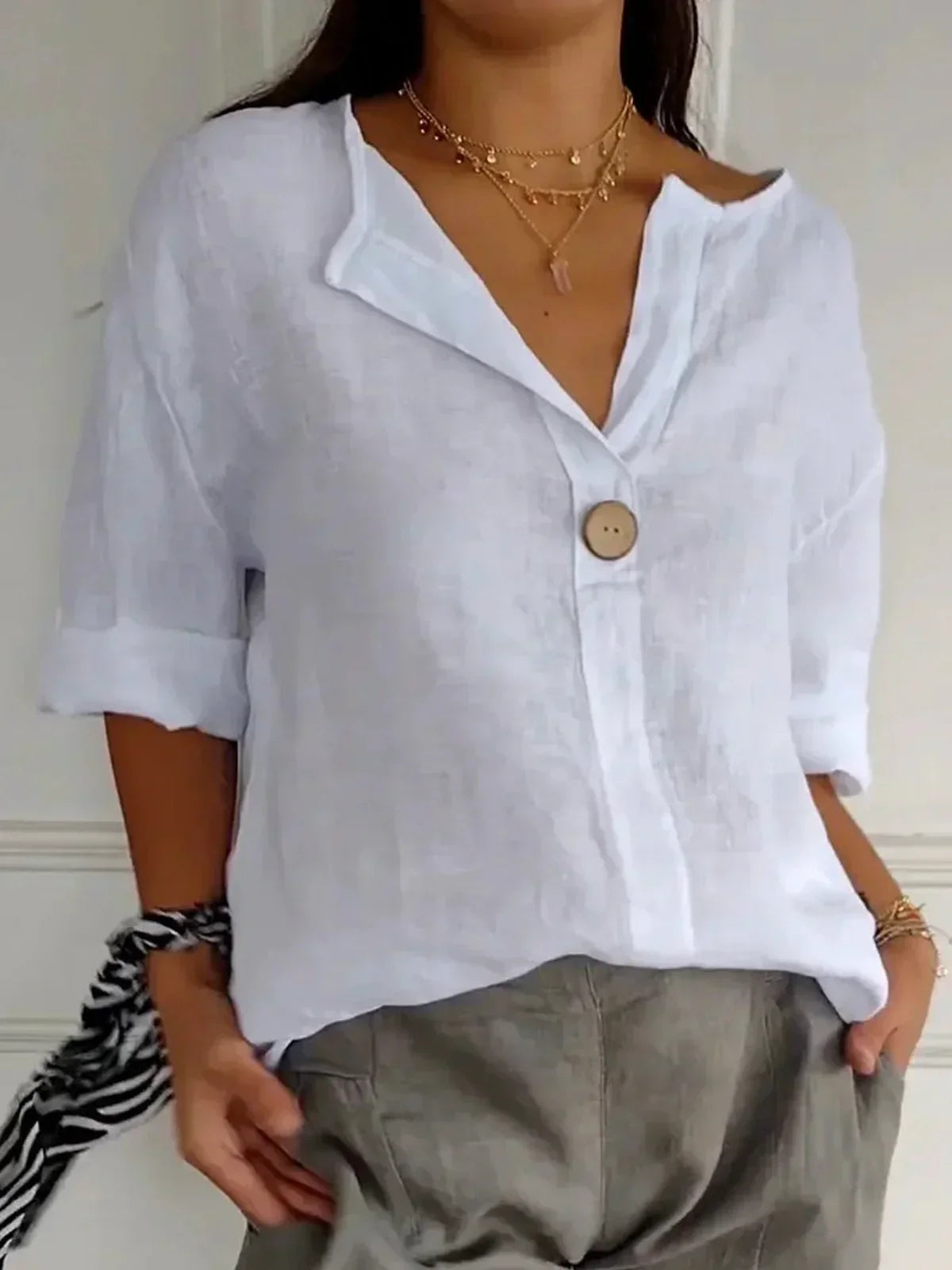 Linen V-Neck Casual Blouse