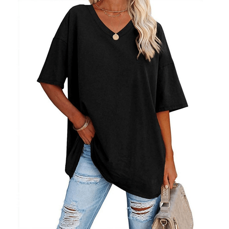 Plus Size V‑Neck Oversized Tunic Tee, Soft Stretch Cotton Blend Casual Shirt