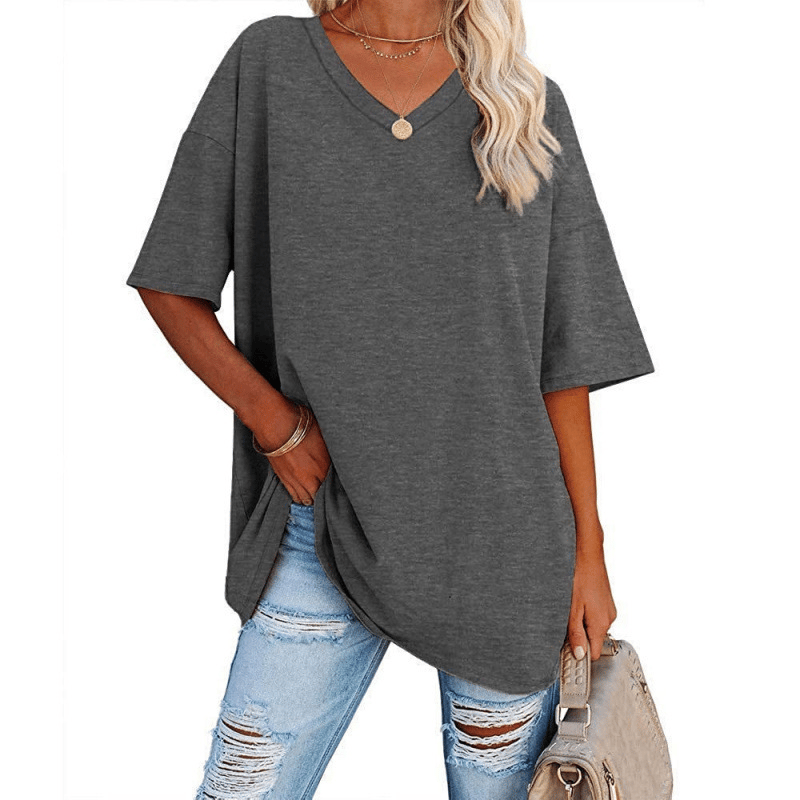 Plus Size V‑Neck Oversized Tunic Tee, Soft Stretch Cotton Blend Casual Shirt
