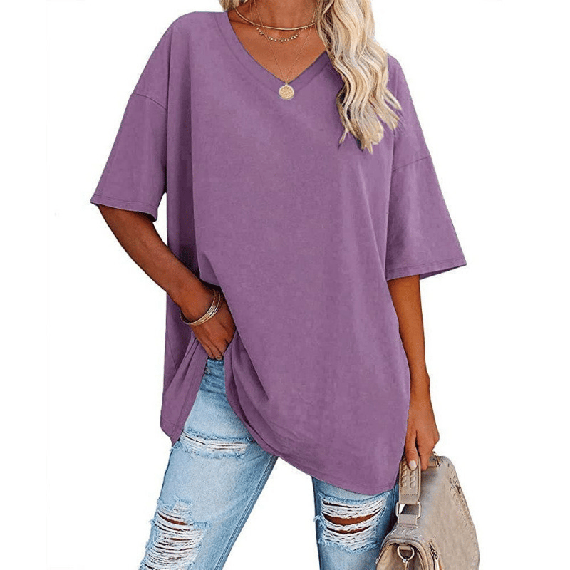 Plus Size V‑Neck Oversized Tunic Tee, Soft Stretch Cotton Blend Casual Shirt
