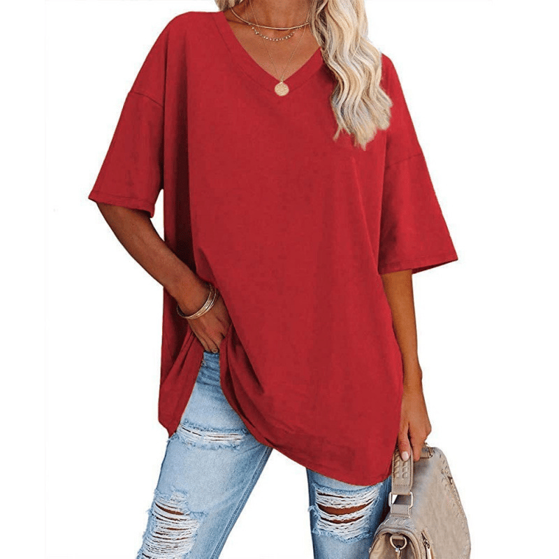 Plus Size V‑Neck Oversized Tunic Tee, Soft Stretch Cotton Blend Casual Shirt