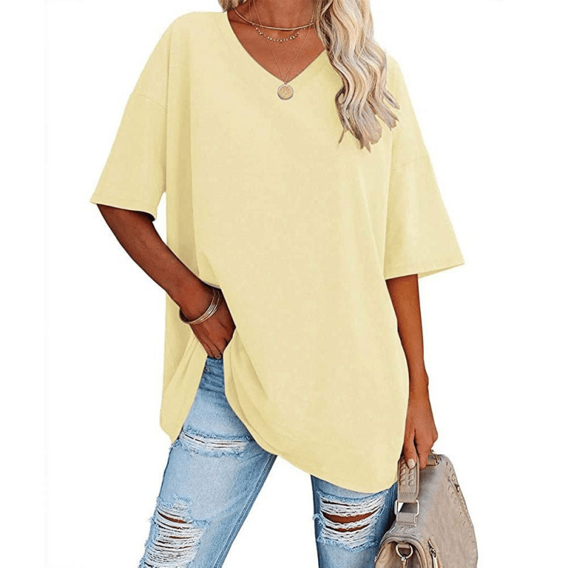 Plus Size V‑Neck Oversized Tunic Tee, Soft Stretch Cotton Blend Casual Shirt