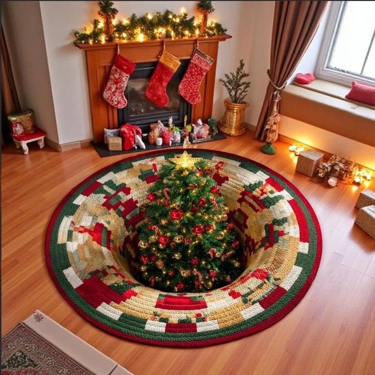 🎄3D Optical Illusion Vortex Quilted Round Christmas Rug