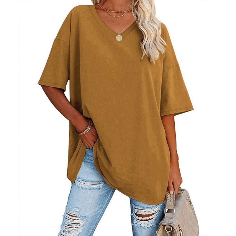 Plus Size V‑Neck Oversized Tunic Tee, Soft Stretch Cotton Blend Casual Shirt