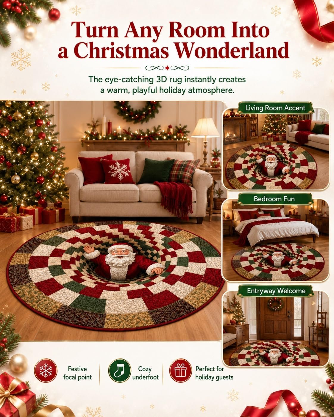 🎄3D Optical Illusion Vortex Quilted Round Christmas Rug