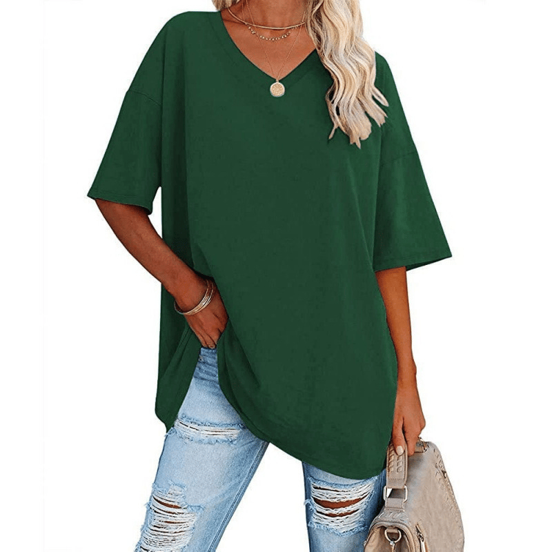 Plus Size V‑Neck Oversized Tunic Tee, Soft Stretch Cotton Blend Casual Shirt