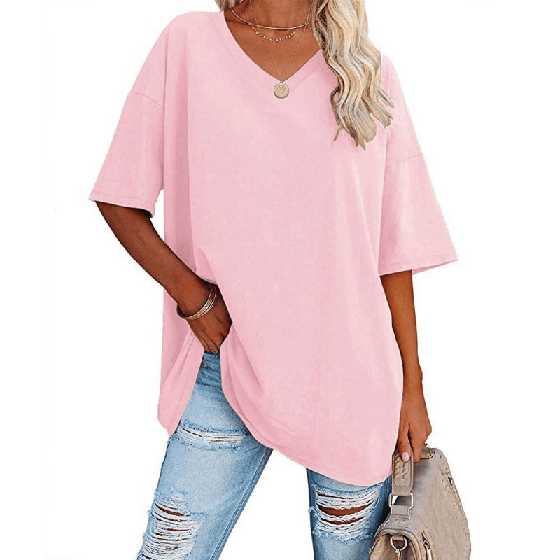 Plus Size V‑Neck Oversized Tunic Tee, Soft Stretch Cotton Blend Casual Shirt