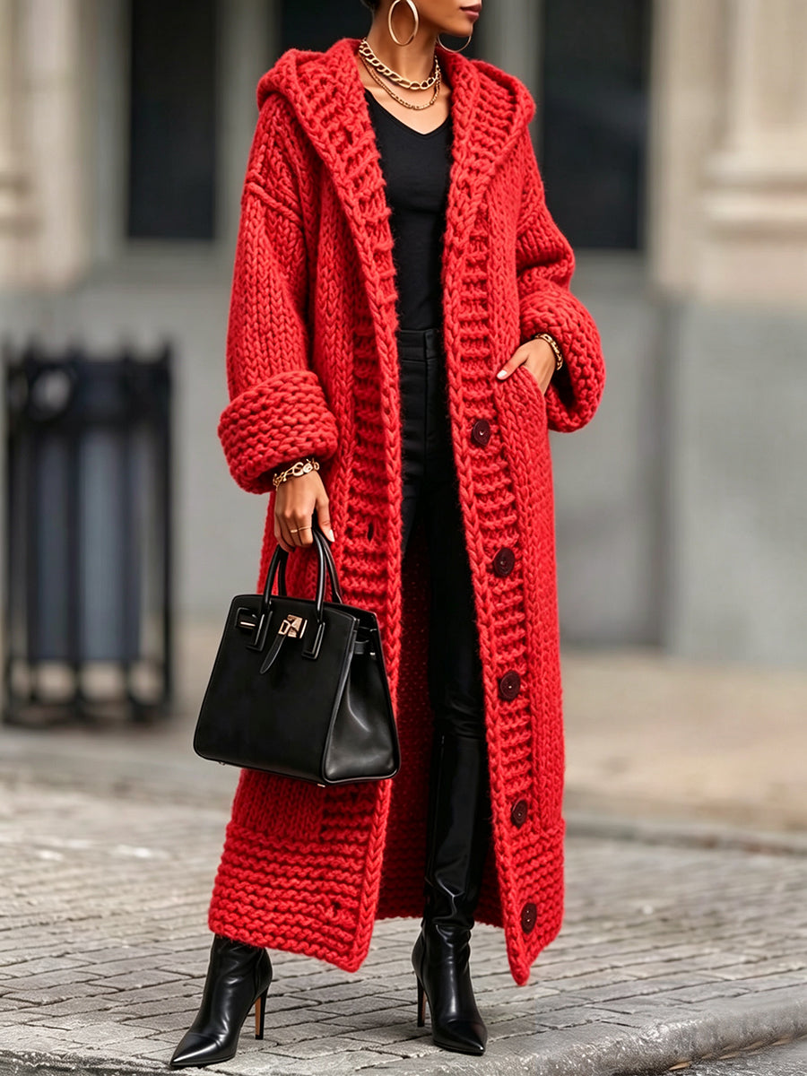 Casual, Relaxed-fit, Long, Chunky-knit Hooded Cardigan-Free Shipping