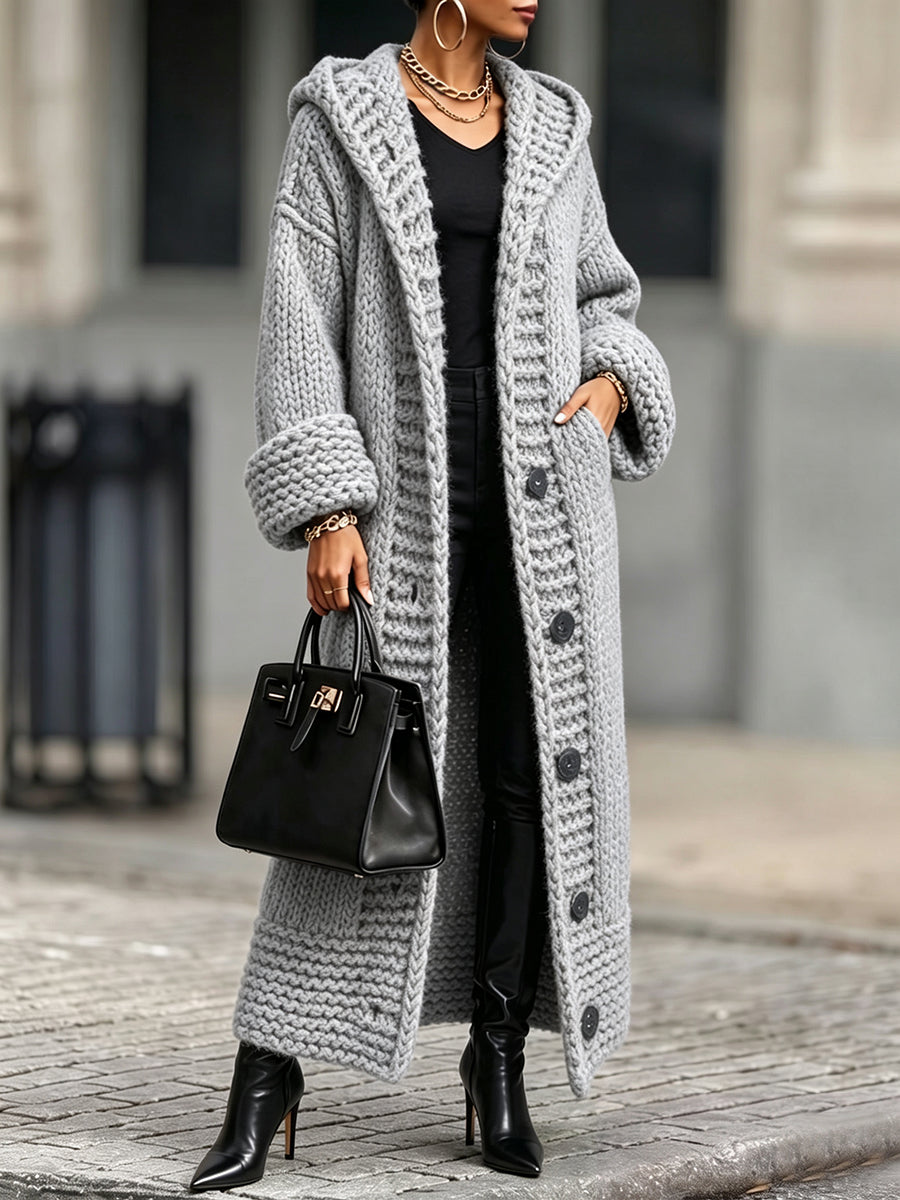 Casual, Relaxed-fit, Long, Chunky-knit Hooded Cardigan-Free Shipping