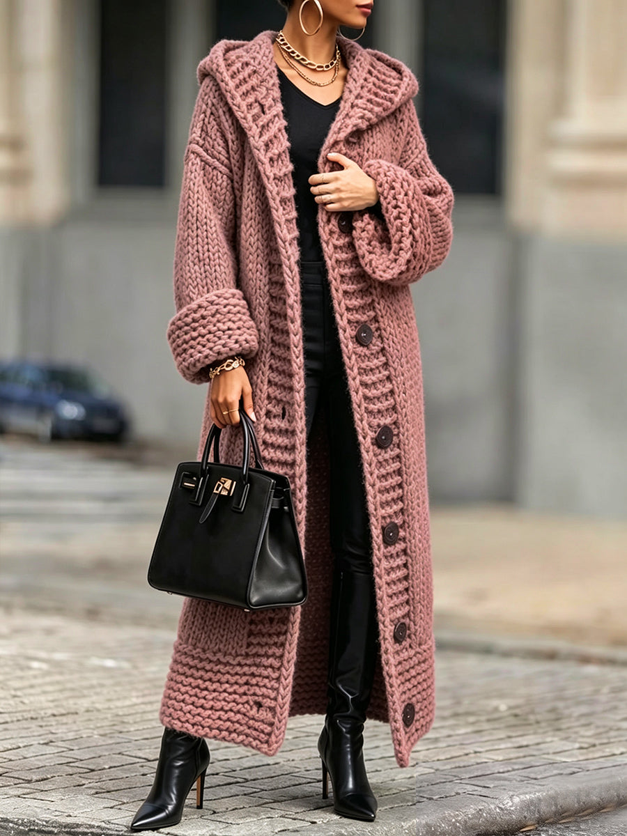 Casual, Relaxed-fit, Long, Chunky-knit Hooded Cardigan-Free Shipping