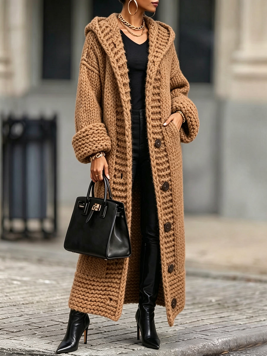 Casual, Relaxed-fit, Long, Chunky-knit Hooded Cardigan-Free Shipping