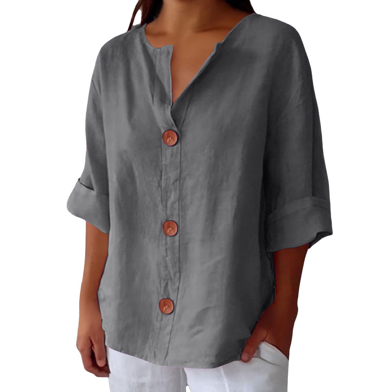 Women's V-Neck Cotton-Linen Button-Up Top