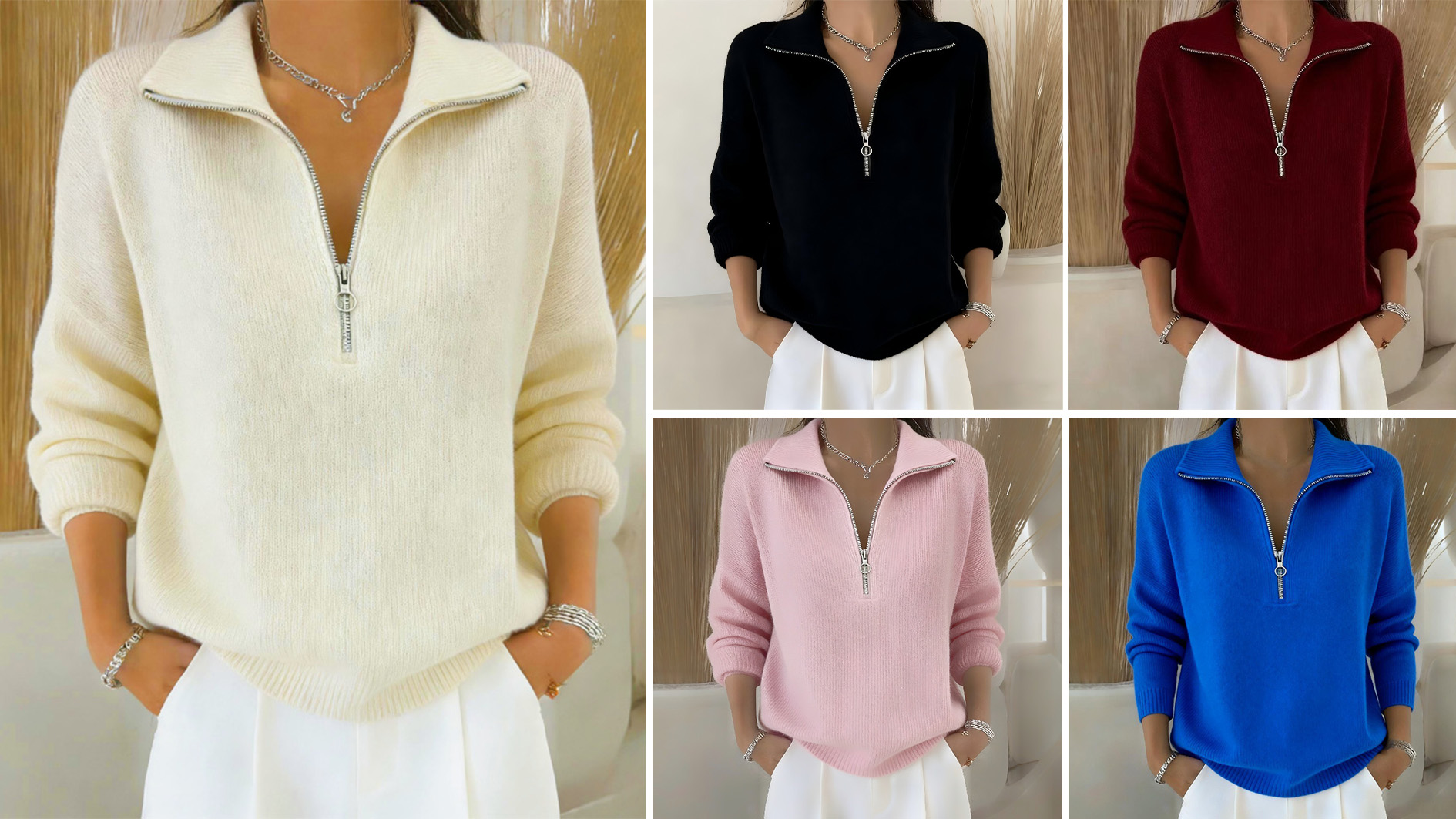 🎄New Arrival🔥 Women's Solid Color Zippered Lapel Casual Loose Knit Pullover Sweater